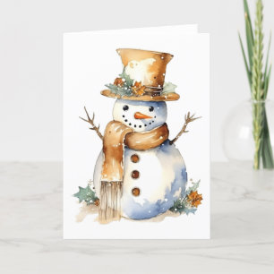 Cartão De Festividades Boneco de Neve Feliz com Acentos Dourados