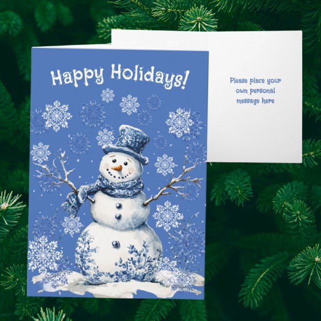 Cartão De Festividades Boneco de Neve Feliz Flocos de Neve Azul Branco Pe (Personalize this folded holiday card!)
