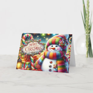Cartão De Festividades Boneco de Neve Fofo com Cachecol Colorido