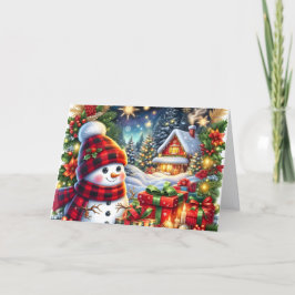 Cartão De Festividades Boneco de Neve Fofo com Chapéu Xadrez Natal
