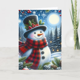 Cartão De Festividades Boneco de Neve Fofo vestindo Cachecol Xadrez e Car