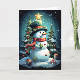 Cartão De Festividades Boneco de Neve Fofo vestindo Cachecol Xadrez e Car