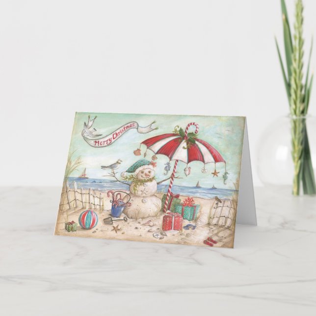 Cartão De Festividades Boneco de neve na praia (Frente)