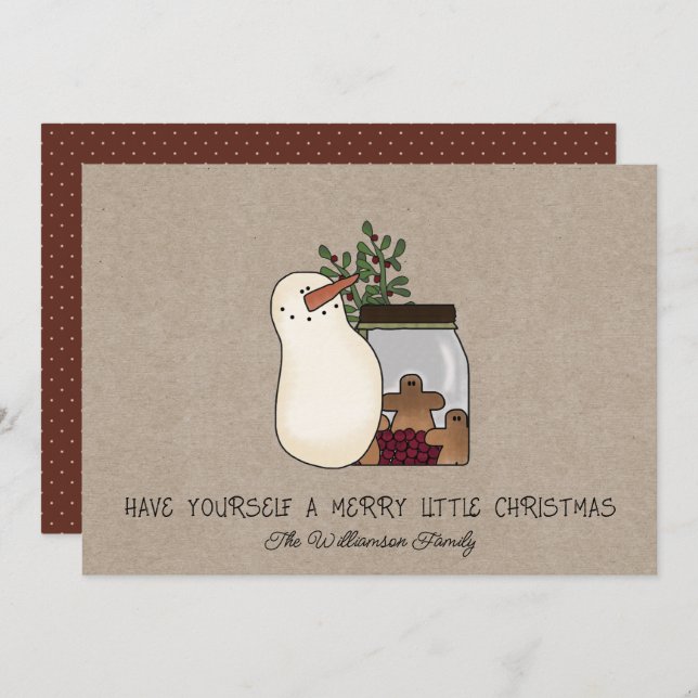 Cartão De Festividades Boneco de Neve Rústico e Homens de Pão de Gengibre (Frente/Verso)