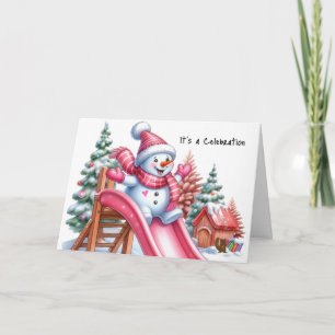 Cartão De Festividades Boneco de Neve Travesso no Parque Infantil Rosa