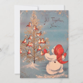 Cartão De Festividades Boneco de neve vintage fazendo pássaros cantarem