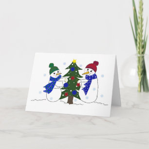 Cartão De Festividades Bonecos de Neve Decorando uma Árvore de Natal