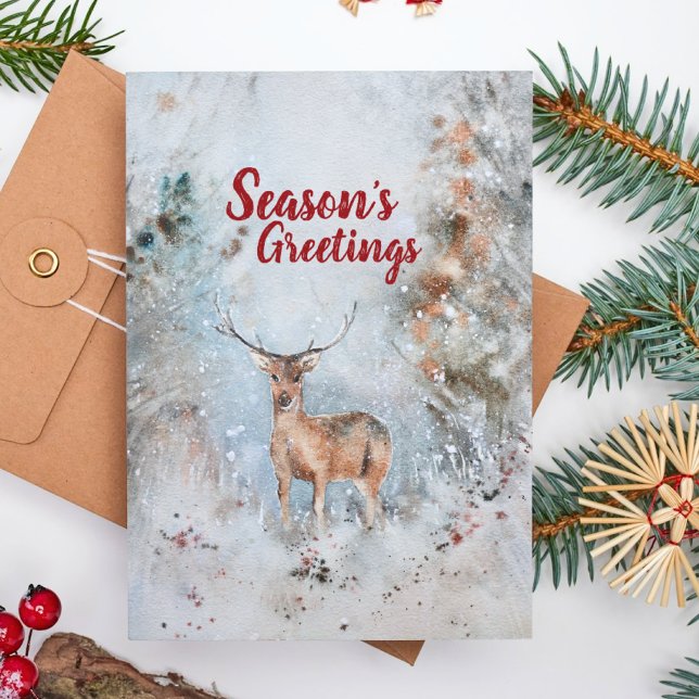Cartão De Festividades Bonita Aquarela Bebê Reindeer Snowy Floresta de in (Criador carregado)
