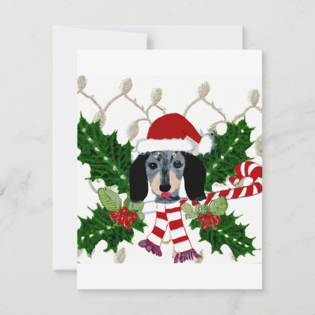 Cartão De Festividades Bonita Dachshund e Holly Wreath Saudação de Natal (Frente)