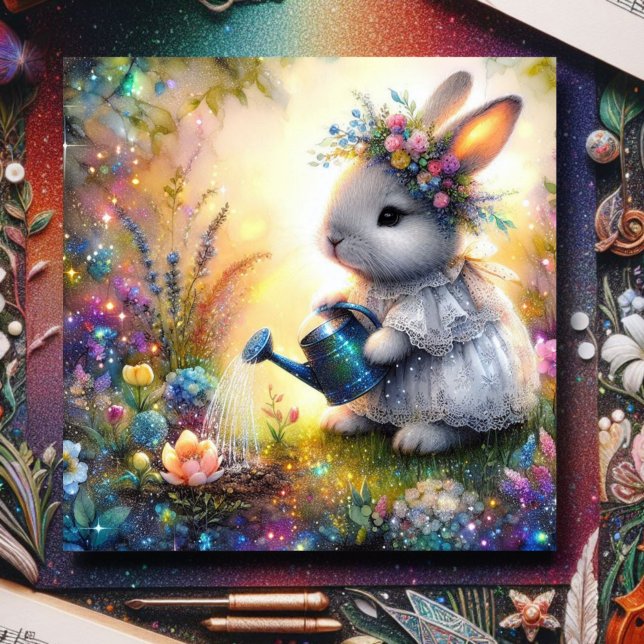 Cartão De Festividades Bonita Fantasia Arte Bunny Primavera Garden Páscoa (Criador carregado)