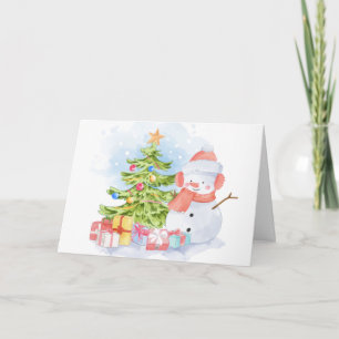 Cartão De Festividades Bonita Mão desenhada Snowman e Árvore Natal