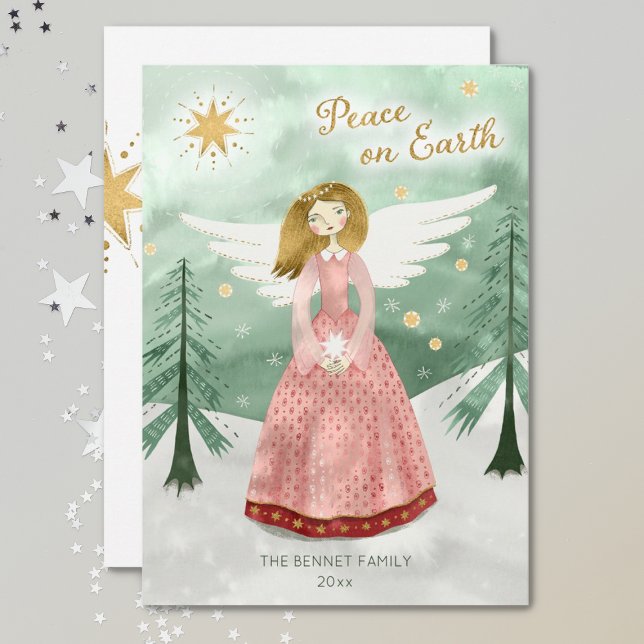 Cartão De Festividades Bonita Paz de Anjo Ilustrada no Natal da Terra (Criador carregado)