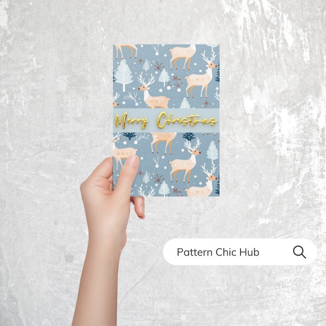 Cartão De Festividades Bonita Reindeer de Natal Floco de Neve Azul Modern (Criador carregado)