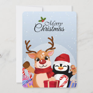 Cartão De Festividades Bonita Reindeer & Penguin com presentes de Natal