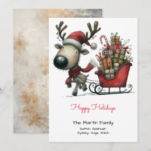 Cartão De Festividades Bonita Reindeer Puxando um Leito de Presentes Feli
