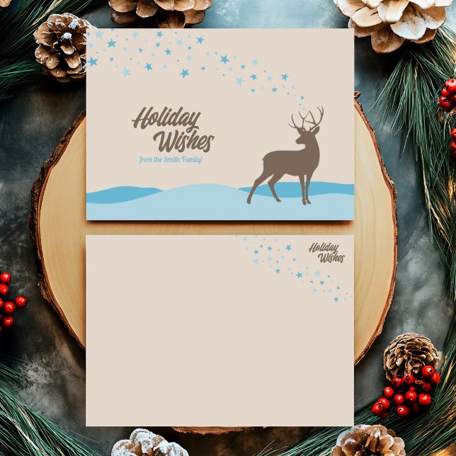 Cartão De Festividades Bonito caprichoso sem foto inverno Veado da Flores (Whimsy non photo holiday card with deer in winter scene and light blue stars.)