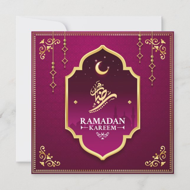 Cartão De Festividades Bonito Crescente Dourado Roxo Ramadan Mubarak (Frente)