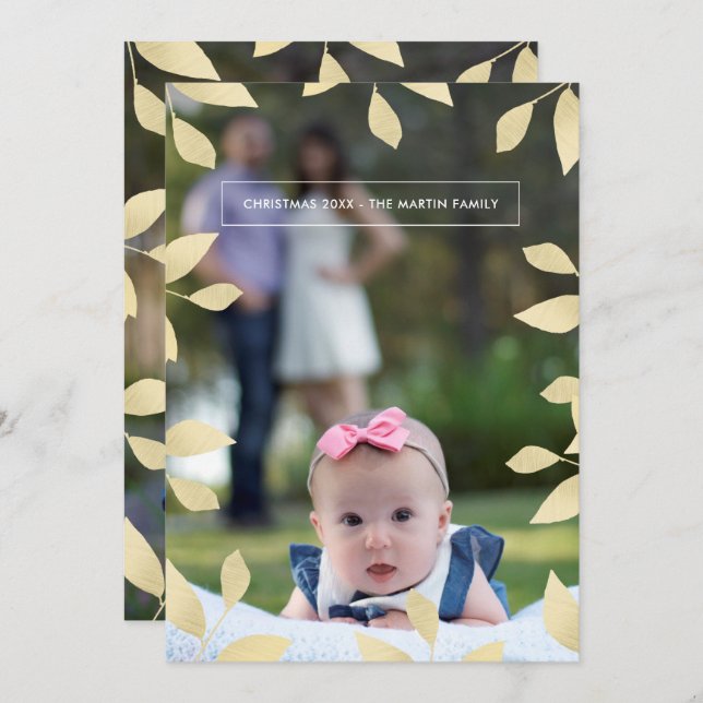 Cartão De Festividades Bonito Faux Dourado deixa foto de Natal (Frente/Verso)