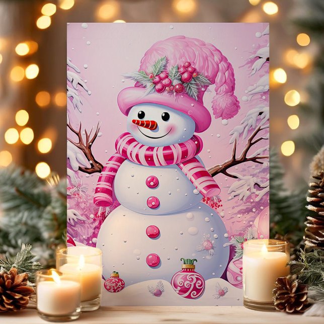 Cartão De Festividades Bonito Festivo Rosa Snowman Natal (Criador carregado)