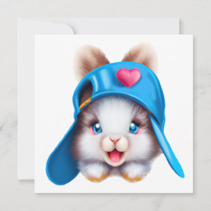 Cartão De Festividades Bonito Fluffy Hiphop Baby Bunny com um Chapéu Azul