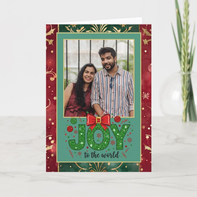 Cartão De Festividades Bonito Foto de Natal Verde e Vermelho (Frente)