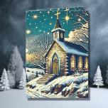 Cartão De Festividades Bonito Igreja num Natal Personalizado de inverno<br><div class="desc">Bonito cartão de Natal personalizado. Fundo azul e branco maravilhoso com flocos de neve brancos e faíscas rodeando uma igreja bonito e cruz com janelas de vidro manchadas.</div>