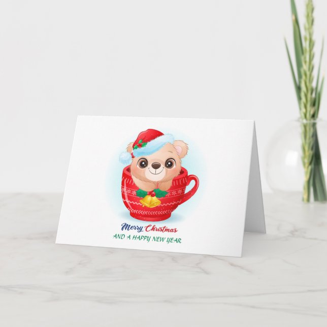 Cartão De Festividades Bonito Natal Aquarela Bear Santa Hat (Frente)