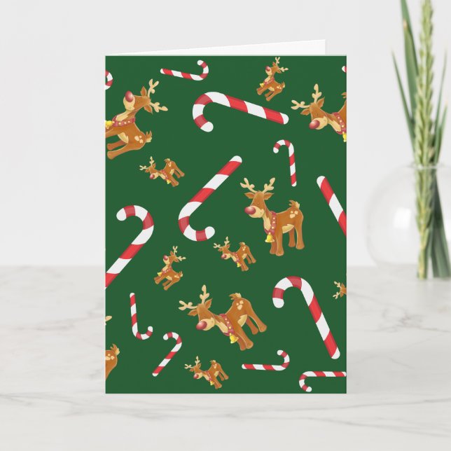 Cartão De Festividades Bonito Natal Rudolph Candy Cane Padrão Verde (Frente)