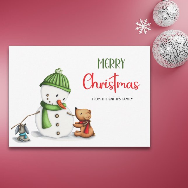 Cartão De Festividades Bonito Script Snowman Feliz Natal (Criador carregado)