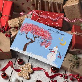 Cartão De Festividades Bonito Snowman Olhando para a Lua