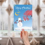 Cartão De Festividades Bonito Snowman Olhando para a Lua<br><div class="desc">Bonito Snowman em cima de um lote de neve floco de neve. Segurando seu chapéu e luvas olhando para cima na lua ouro e estrelas. O céu azul e a árvore de canas doces de galeria vermelha tornam este feliz Natal e este Cartão de Saudação Feliz ano novo simplesmente adorável....</div>