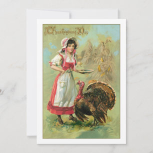 Cartão De Festividades Bonito Vintage Fazenda Girl com Turquia