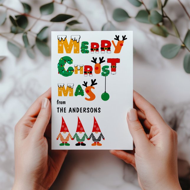 Cartão De Festividades Bonitos Gnomos Diversos Fontes Whimsical Feliz Nat (Criador carregado)