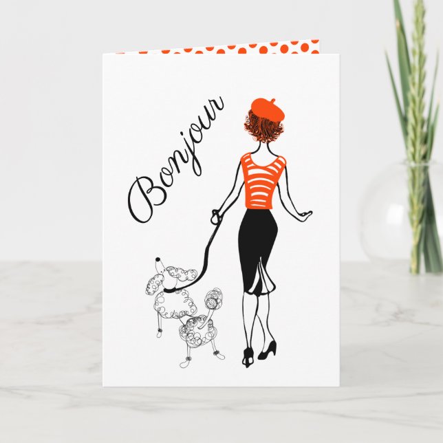 Cartão De Festividades Bonjour Girl and French Poodle Greeting Card (Frente)