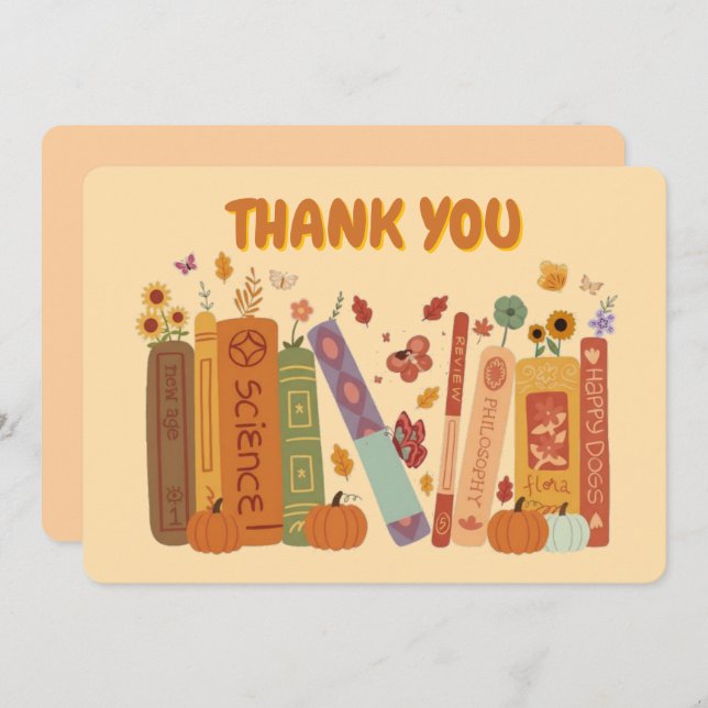Cartão De Festividades Bookish Pumpkin Orange Yellow Flat Thank You Card (Frente/Verso)