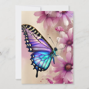 Cartão De Festividades Borboleta Azul Estonteante e Flores Rosa