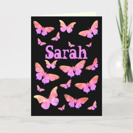 Cartão De Festividades Borboleta Rosa e Roxa Pop Art Nome Sarah