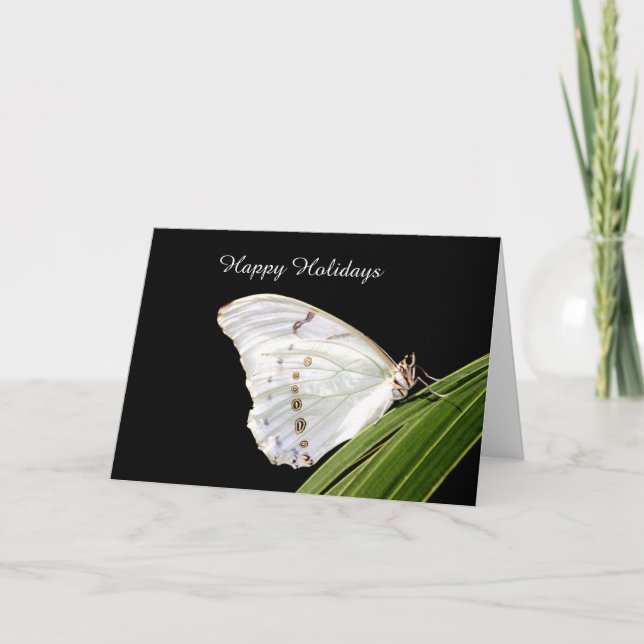 Cartão De Festividades Borboleta White Morpho em Folhas Felizes Feriados (Frente)