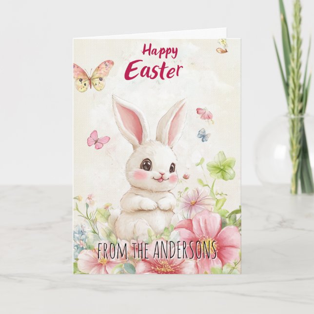 Cartão De Festividades Borboletas verdes rosa e coelho fofo (Frente)