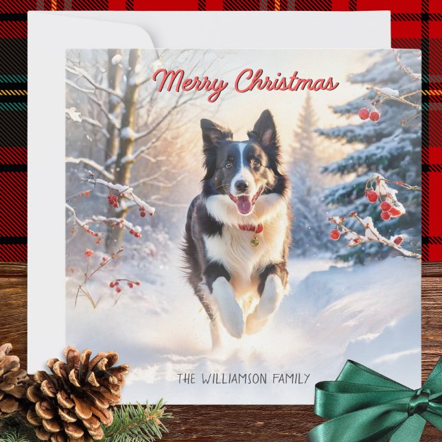Cartão De Festividades Borda Cachorro Na Neve Feliz Natal (A personalized Christmas card with illustration of a black and white border collie and winter snow)