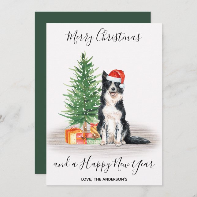 Cartão De Festividades Borda Collie Dog Papais noeis Árvore Feliz Natal (Frente/Verso)