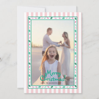 Cartão De Festividades Borda de Folhas de Azevinho Rosa e Verde Foto da F