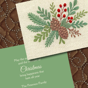 Cartão De Festividades Bordados Natal Floral Sprig Pinecone Vermelho