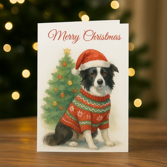 Cartão De Festividades Border Collie Christmas Santa Hat & Tree (A perfect Christmas card for "Border Collie " dog lovers. )