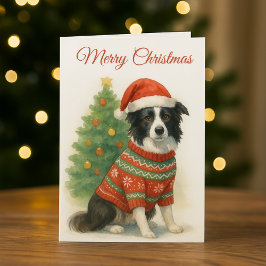 Cartão De Festividades Border Collie Natal Chapéu de Papai Noel & Árvore