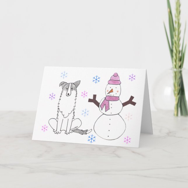 Cartão De Festividades Border Collie & Snowman (Frente)
