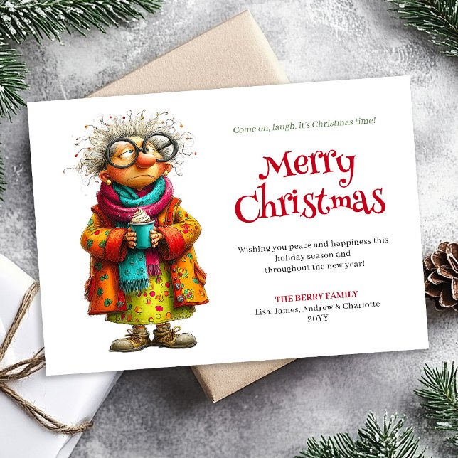 Cartão De Festividades Bored funny quirky comic woman Christmas card (Bored funny quirky comic woman Christmas card)