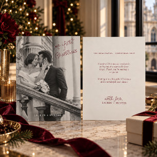 Cartão De Festividades Borgonha Marfim Foto Primeiro Natal Recém-Casados
