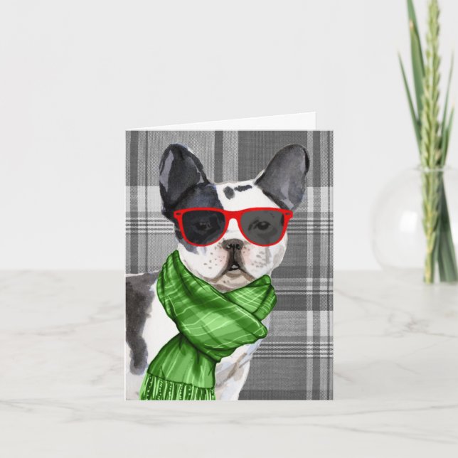 Cartão De Festividades Boston Terrier and Grey Plaid Christmas (Frente)