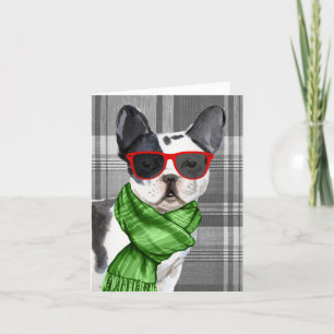 Cartão De Festividades Boston Terrier and Grey Plaid Christmas